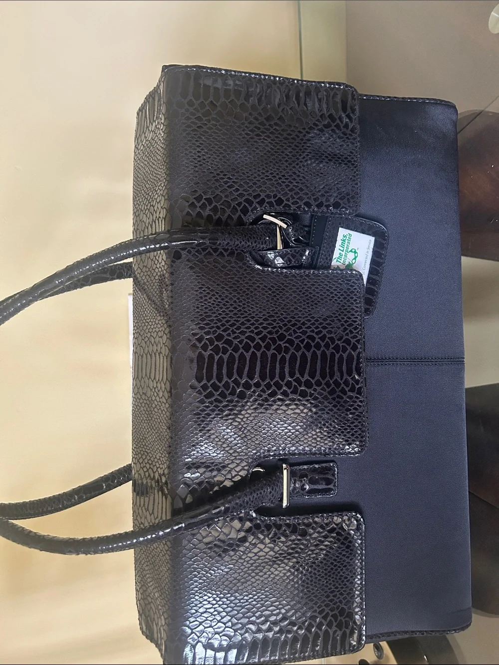Men's Black Tote Bag with Green Lining
